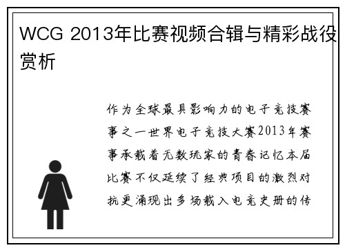 WCG 2013年比赛视频合辑与精彩战役赏析