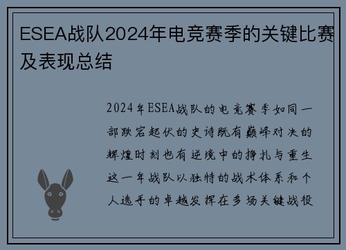 ESEA战队2024年电竞赛季的关键比赛及表现总结
